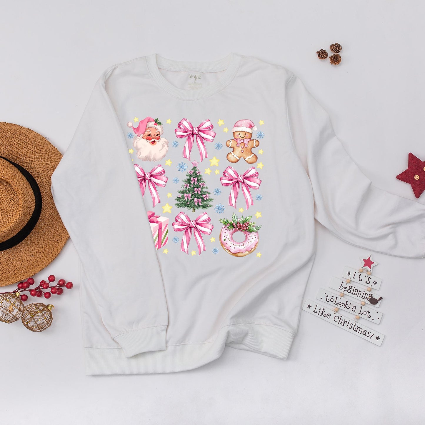 Soft Girl Christmas Sweatshirt with Pink Bows Santa Gingerbread Watercolor Grid Design Festive Holiday Crewneck Cozy Stars and Snowflakes