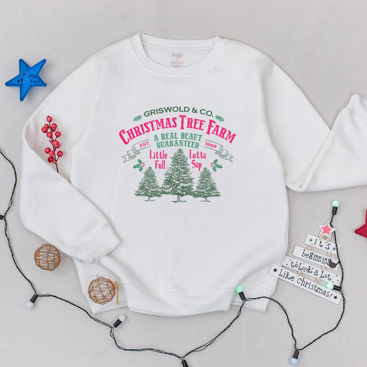 Griswold & Co. Christmas Tree Farm Sweatshirt Vintage Rustic Crewneck A Real Beaut Guaranteed Holly Accents Funny Family Holiday Gift