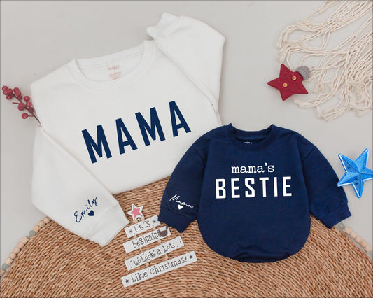 Personalized Mama and Mama's Bestie Matching Sweatshirts with muted pink Mama & cursive name, cozy cotton blend Mother Daughter gift