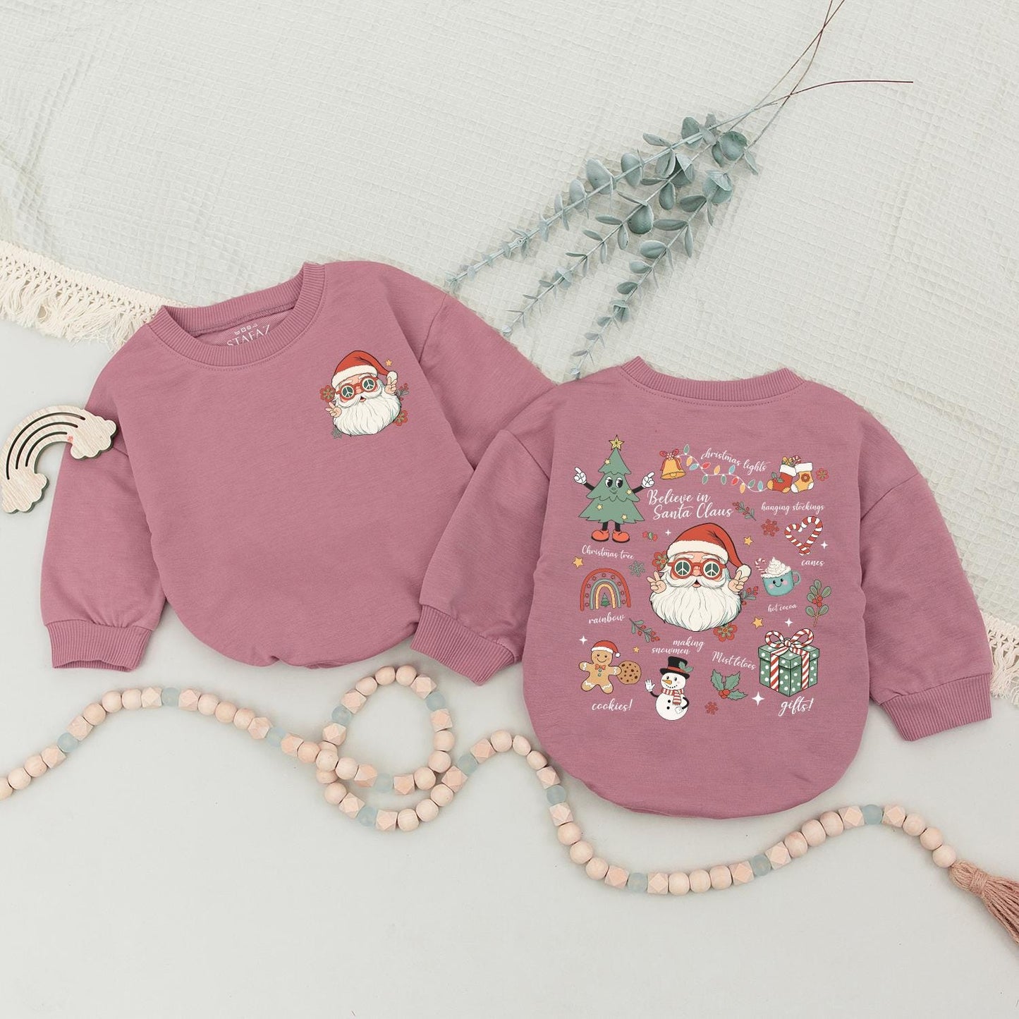 Retro Santa Claus Sweatshirt Vintage Christmas Family Matching Outfit with Funny Sunglasses Floral Rainbow Design Believe in Santa Claus Holiday Gift
