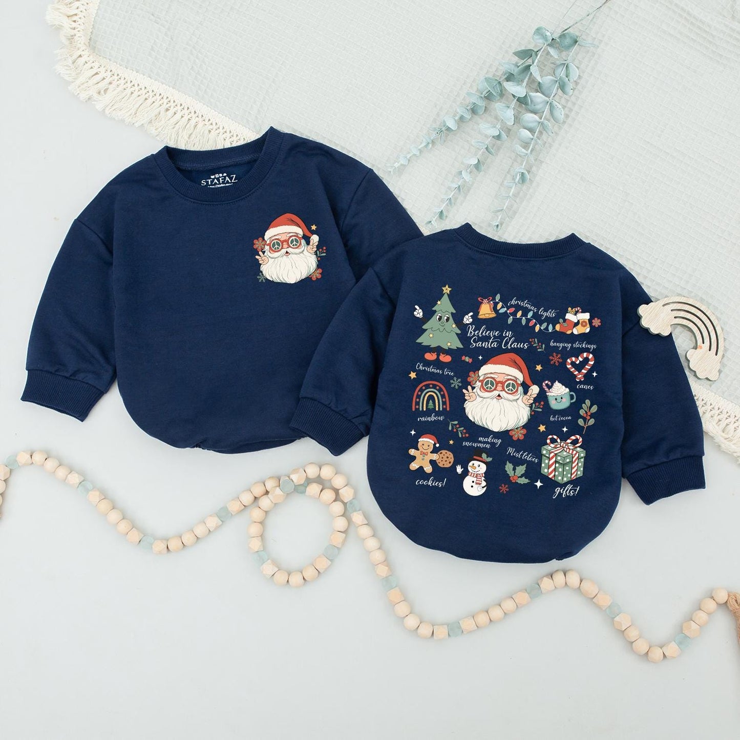Retro Santa Claus Sweatshirt Vintage Christmas Family Matching Outfit with Funny Sunglasses Floral Rainbow Design Believe in Santa Claus Holiday Gift