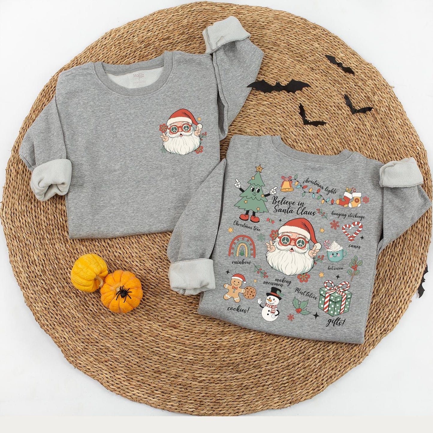 Retro Santa Claus Sweatshirt Vintage Christmas Family Matching Outfit with Funny Sunglasses Floral Rainbow Design Believe in Santa Claus Holiday Gift