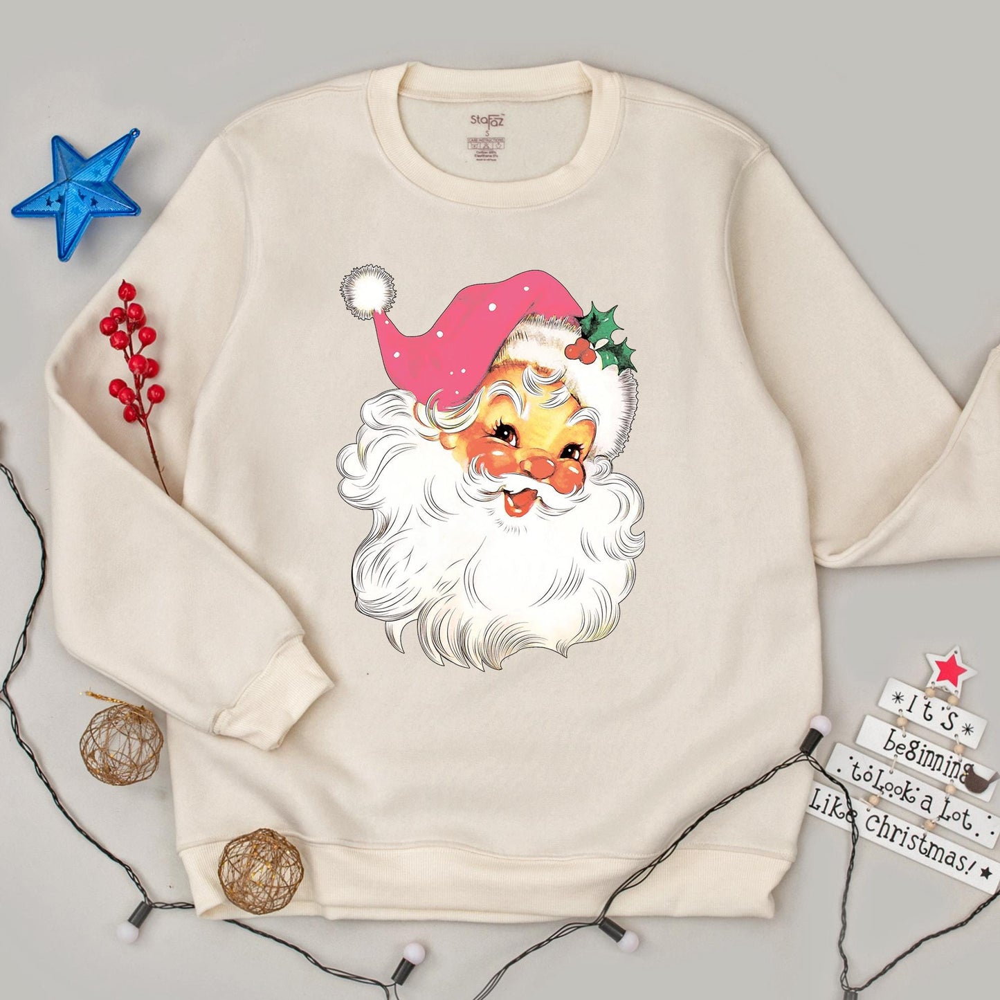 Pink Santa Retro Christmas Sweatshirt for Women Matching Family Holiday Party Sweater Vintage Pink Hat Polka Dot Holly Classic Crewneck