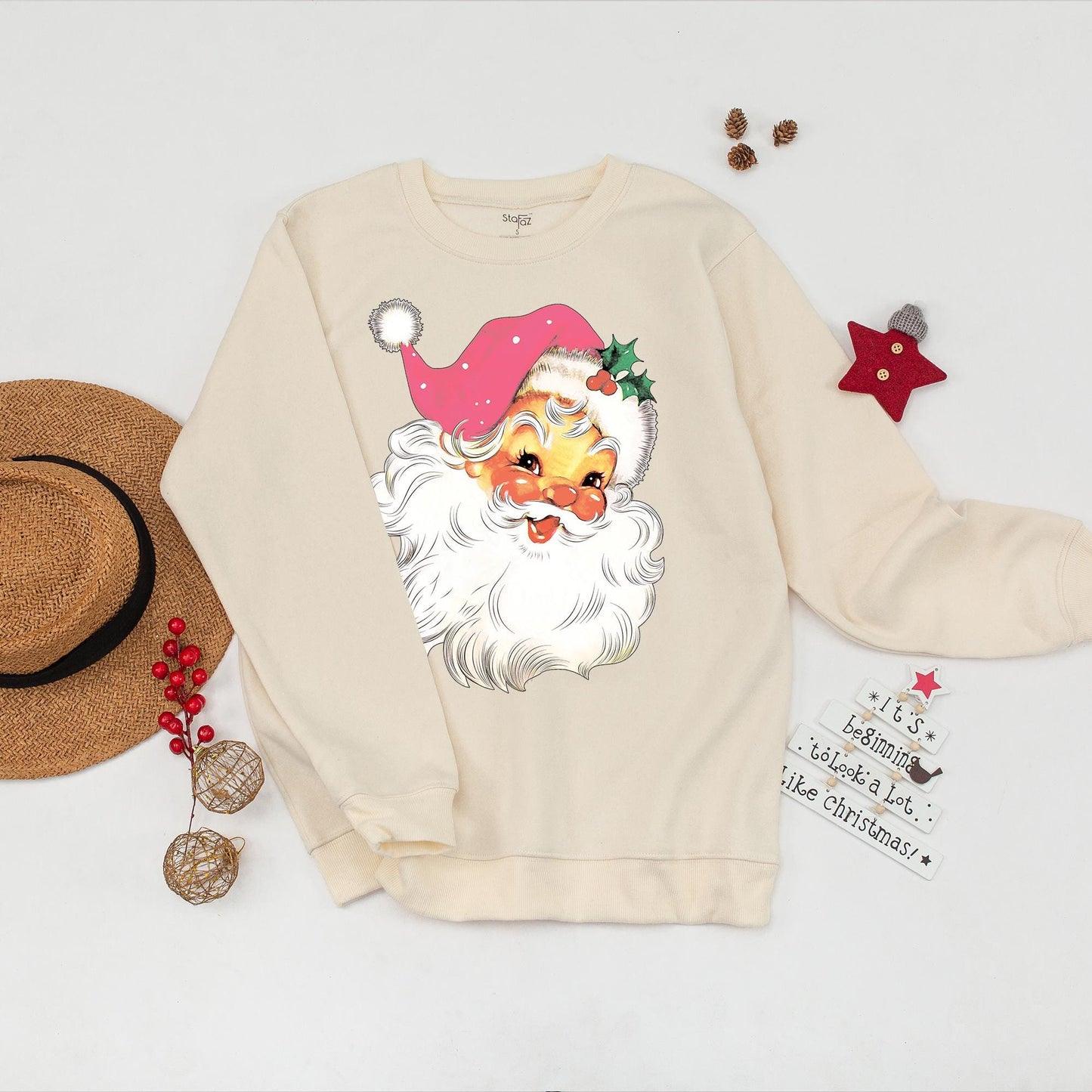 Pink Santa Retro Christmas Sweatshirt for Women Matching Family Holiday Party Sweater Vintage Pink Hat Polka Dot Holly Classic Crewneck
