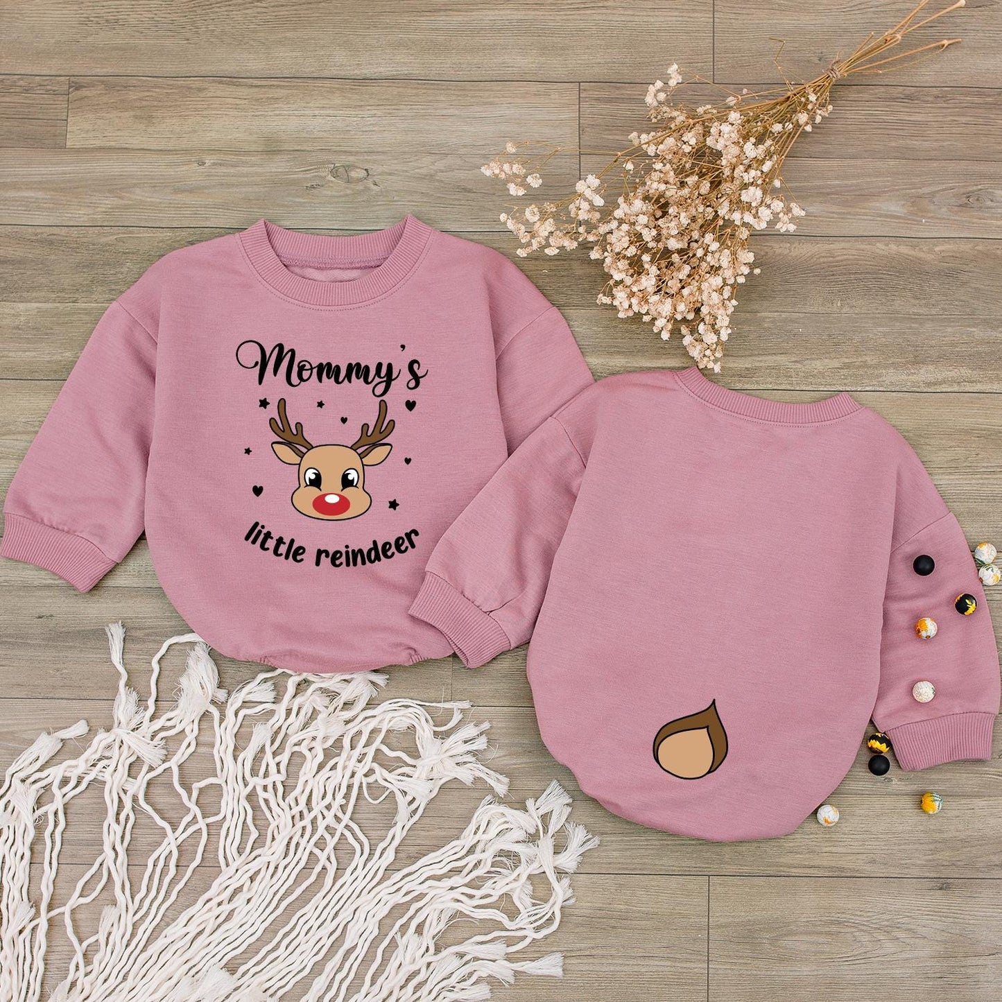Mommy's Little Reindeer Holiday Outfit! Baby Romper & Kids Shirt Set, Cute Christmas Reindeer Face and Tail Design, Matching Family First Christmas Fun 140