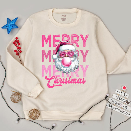 Funny Retro Pink Bubblegum Santa Christmas Sweatshirt for Women with Heart Sunglasses & Distressed Merry Christmas Text Holiday Season Gift