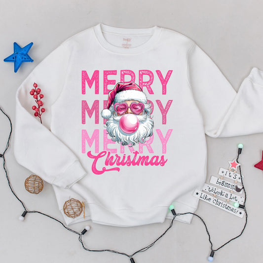 Funny Retro Pink Bubblegum Santa Christmas Sweatshirt for Women with Heart Sunglasses & Distressed Merry Christmas Text Holiday Season Gift