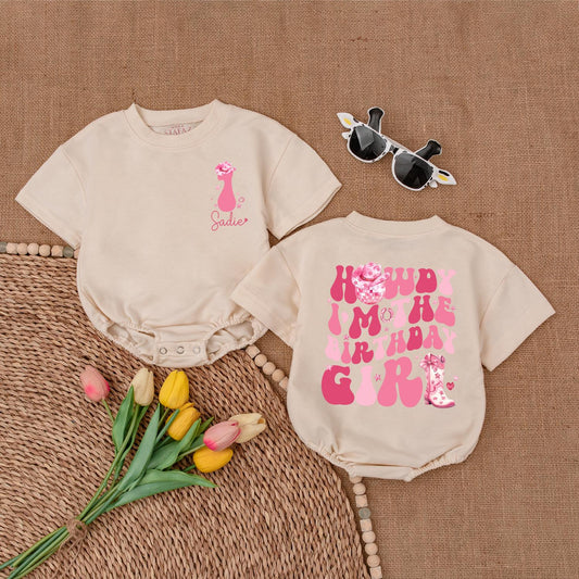 Howdy I'm The Birthday Girl Romper First Rodeo Cowgirl Western Birthday Outfit Pink Floral Boot Disco Hat Accent Baby Shower Gift Celebration