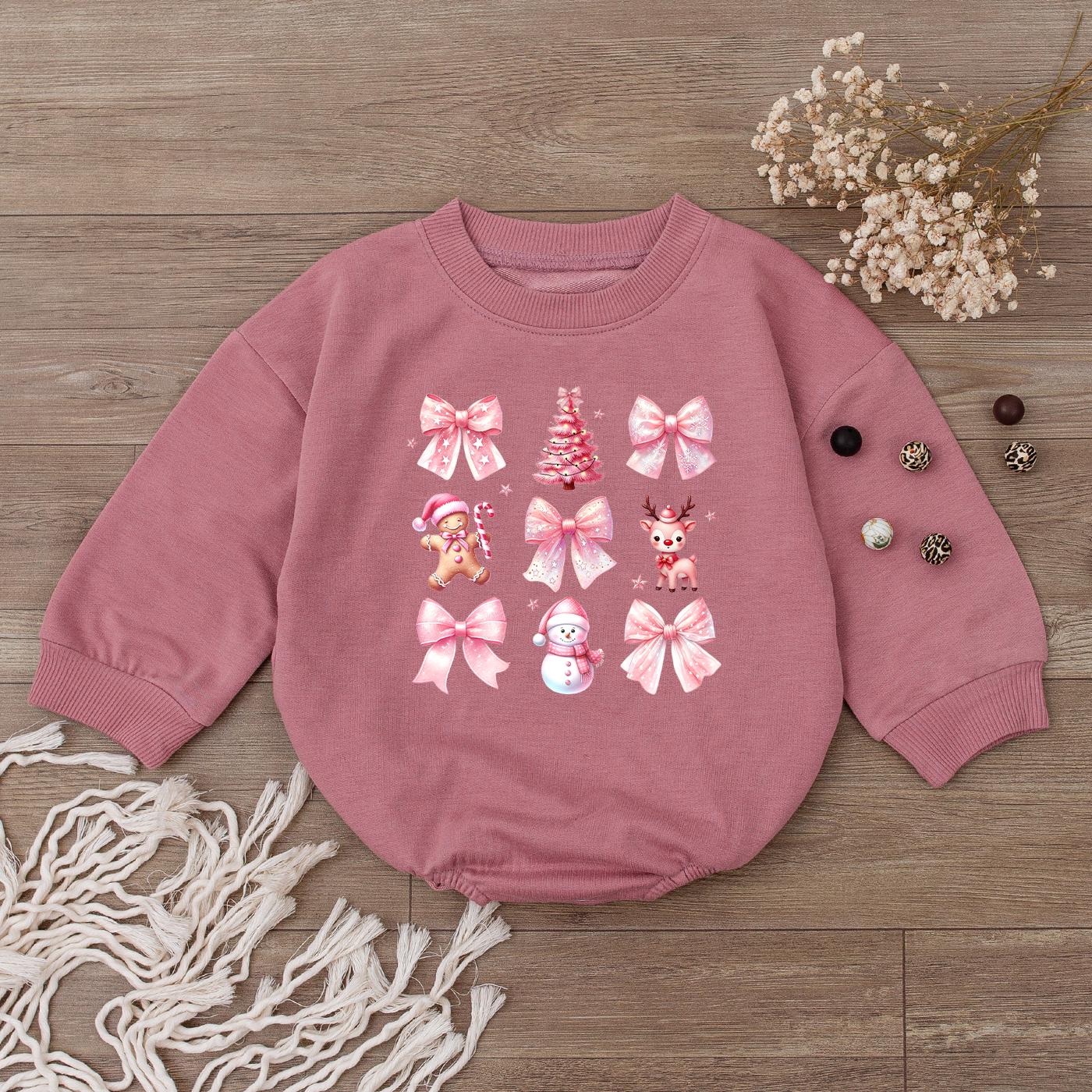 Cute Pink Christmas Girly Bow Gingerbread Man Baby Romper Toddler First Holiday Outfit