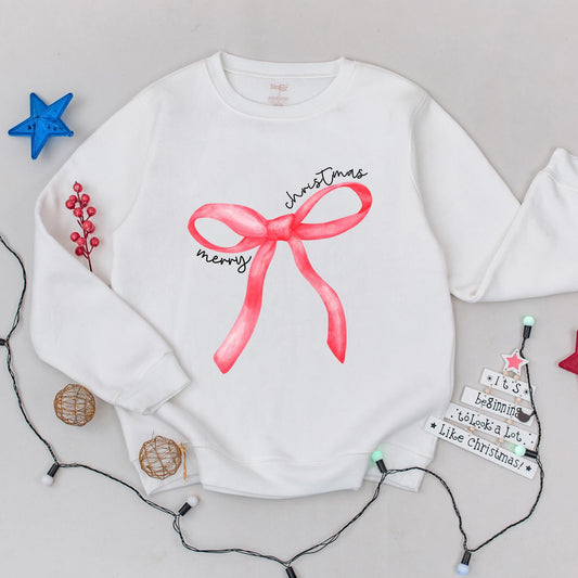 Merry Christmas Red Bow Watercolor Sweater Festive Holiday Gift for Women with Cursive Text Casual Sweatshirt Xmas Party Coquette Style