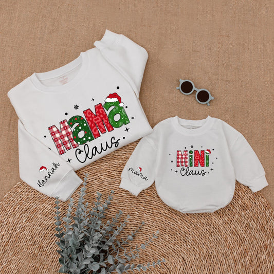 Personalized Mommy and Me Christmas Sweatshirt Mama Claus Mini Claus Festive Red Green Checkerboard Holiday Sweater