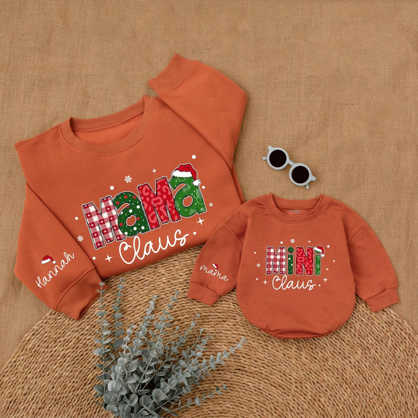 Personalized Mommy and Me Christmas Sweatshirt Mama Claus Mini Claus Festive Red Green Checkerboard Holiday Sweater