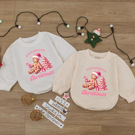 Just Waiting for Christmas Baby Romper, Pink Gingerbread Outfit for Baby Girl, Holiday Clothes Newborn, Festive Gift