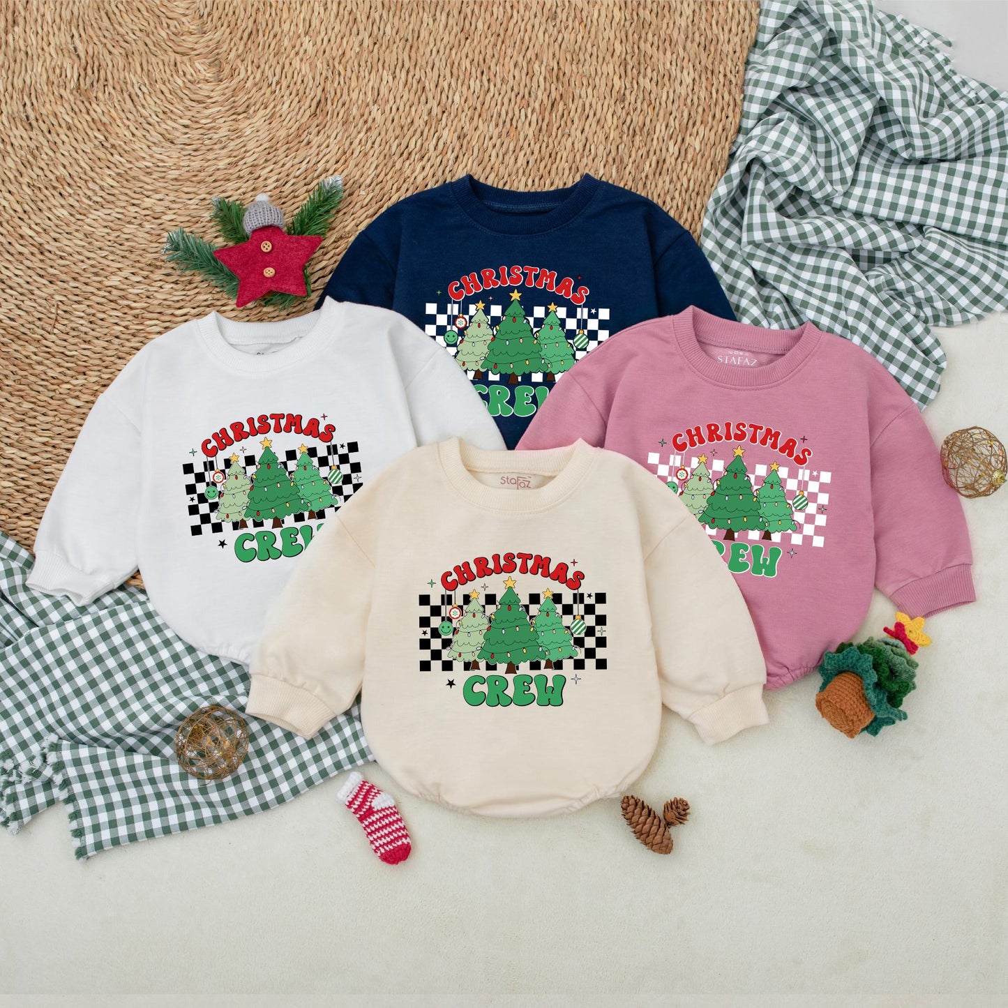 Retro Christmas Crew Baby Romper, Green Holiday Bodysuit for Baby Shower, First Christmas Outfit, Black Checkered Winter Clothes 1st Christmas Gift