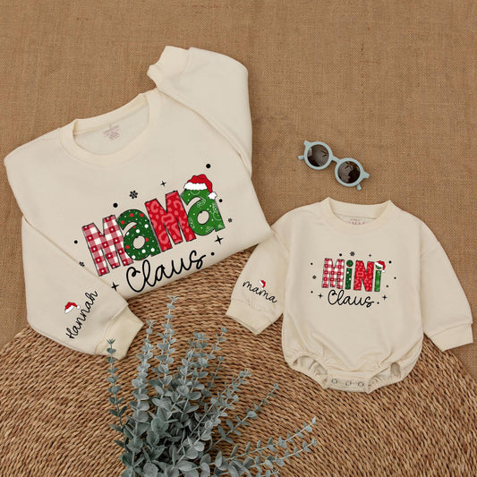 Personalized Mommy and Me Christmas Sweatshirt Mama Claus Mini Claus Festive Red Green Checkerboard Holiday Sweater
