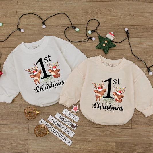 1st Christmas Bodysuit Cute Reindeer Baby Outfit My First Christmas Romper Santa Hat Lights Script Christmas Gift for Toddler
