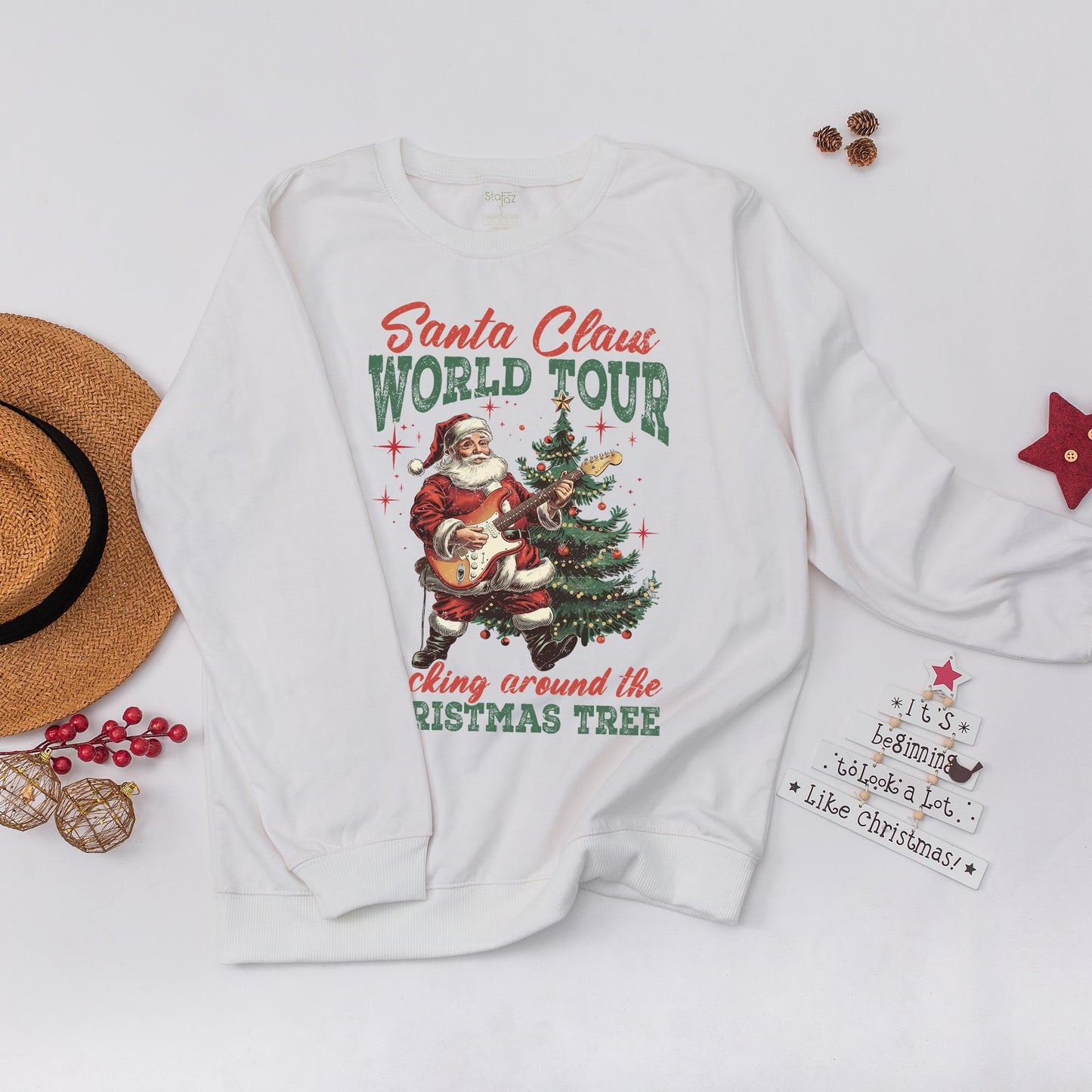 Santa Claus World Tour Rocking Electric Guitar Christmas Tree Sweatshirt Vintage Retro Funny Holiday Graphic Outfit Women's Gift