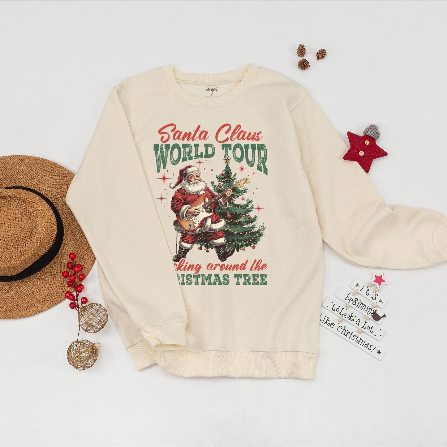 Santa Claus World Tour Rocking Electric Guitar Christmas Tree Sweatshirt Vintage Retro Funny Holiday Graphic Outfit Women's Gift