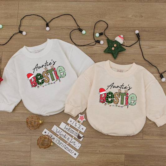 Auntie's Bestie Baby Romper First Christmas Outfit Plaid Polka Dot Stripes Santa Hat Baby Shower Gift for Niece Newborn Girl Xmas Clothes