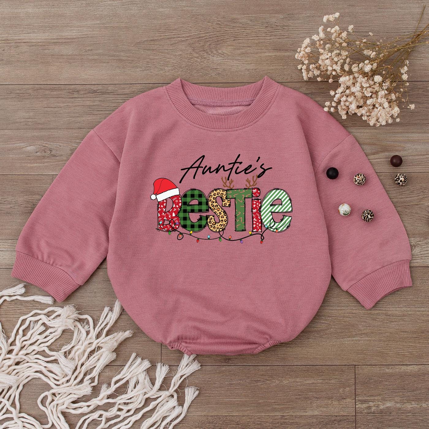 Auntie's Bestie Baby Romper First Christmas Outfit Plaid Polka Dot Stripes Santa Hat Baby Shower Gift for Niece Newborn Girl Xmas Clothes