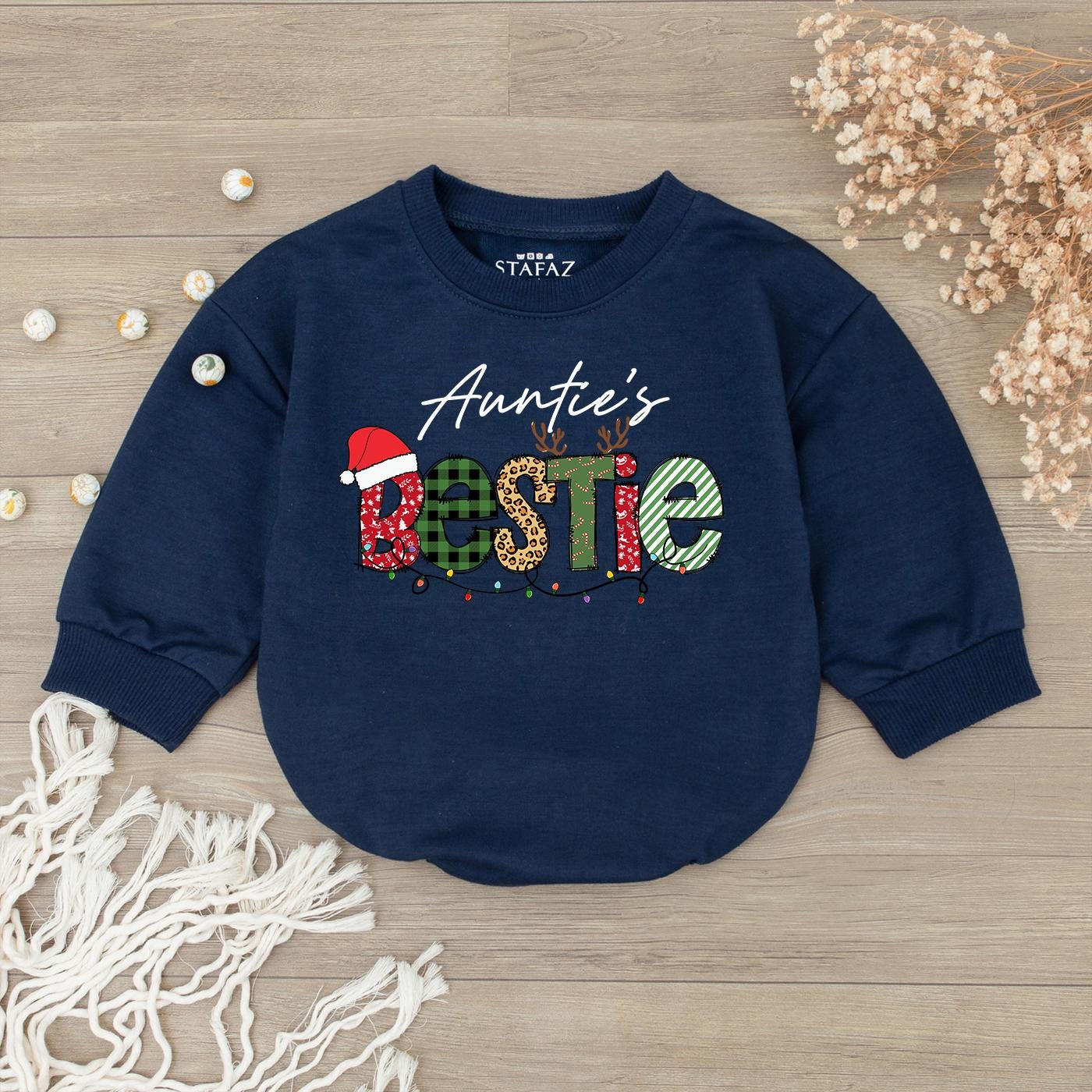 Auntie's Bestie Baby Romper First Christmas Outfit Plaid Polka Dot Stripes Santa Hat Baby Shower Gift for Niece Newborn Girl Xmas Clothes