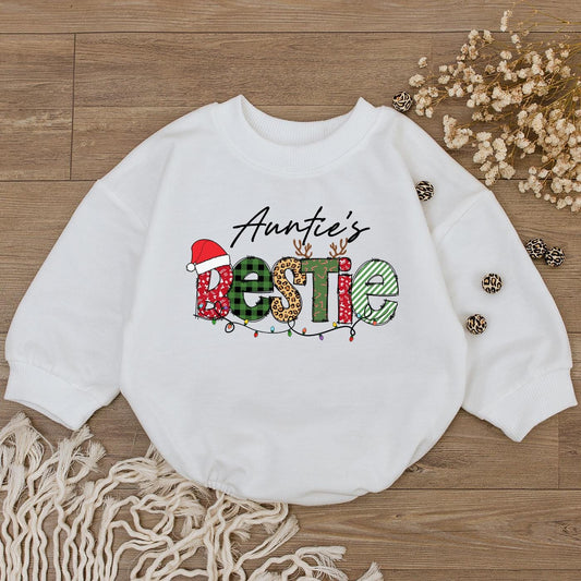 Auntie's Bestie Baby Romper First Christmas Outfit Plaid Polka Dot Stripes Santa Hat Baby Shower Gift for Niece Newborn Girl Xmas Clothes