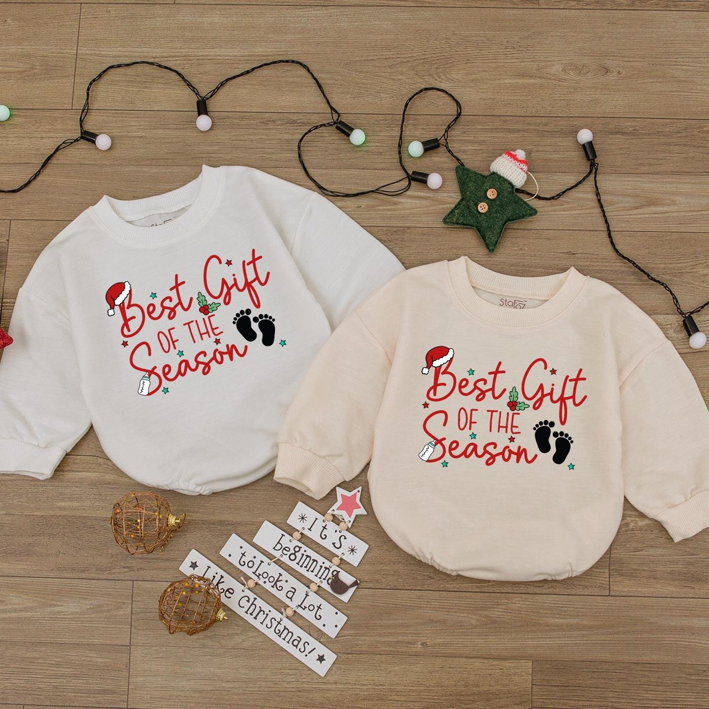 Festive 'Best Gift of the Season' Baby Romper Red Green Santa Hat Holly Baby Shower Gift Newborn Girl Christmas Outfit Stars