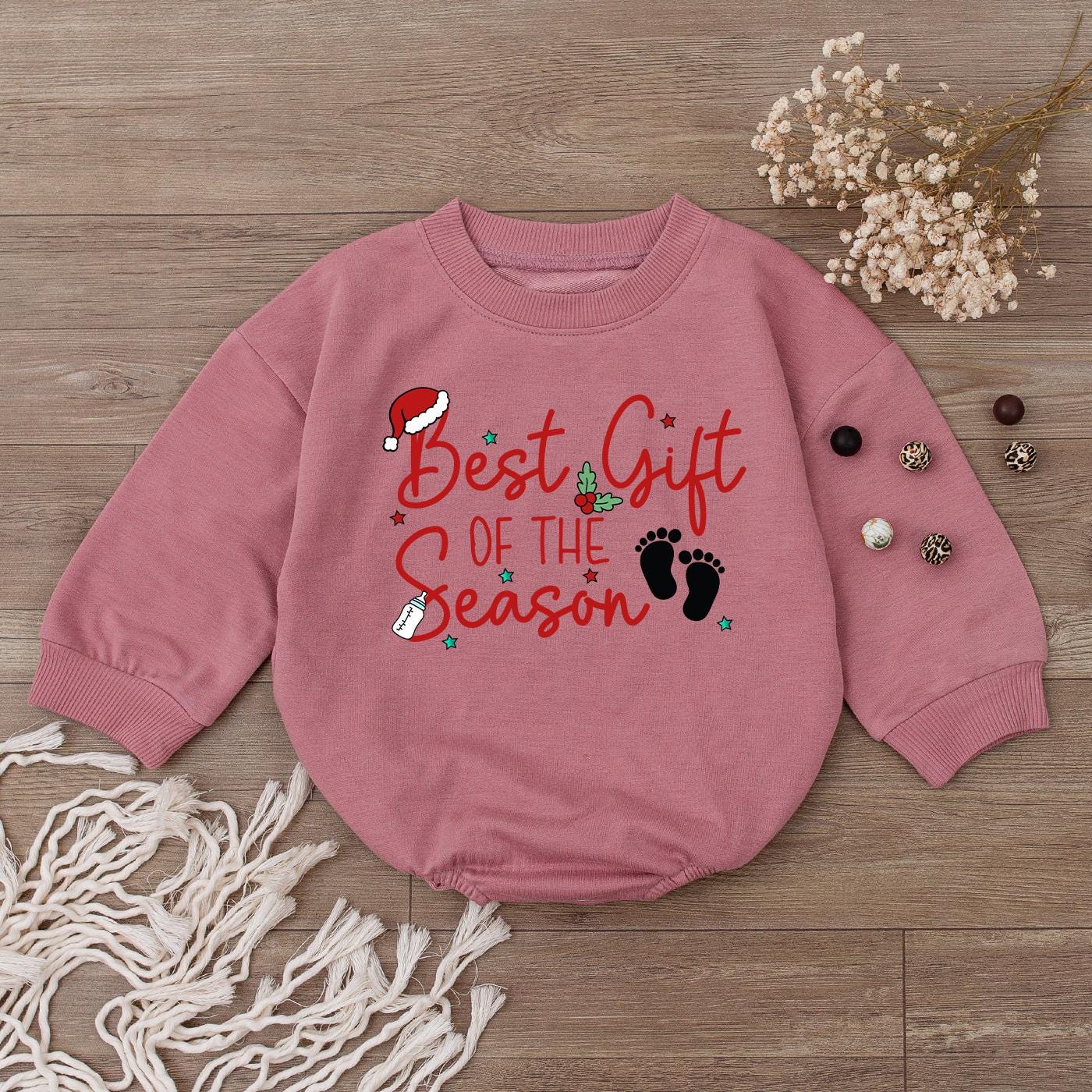 Festive 'Best Gift of the Season' Baby Romper Red Green Santa Hat Holly Baby Shower Gift Newborn Girl Christmas Outfit Stars