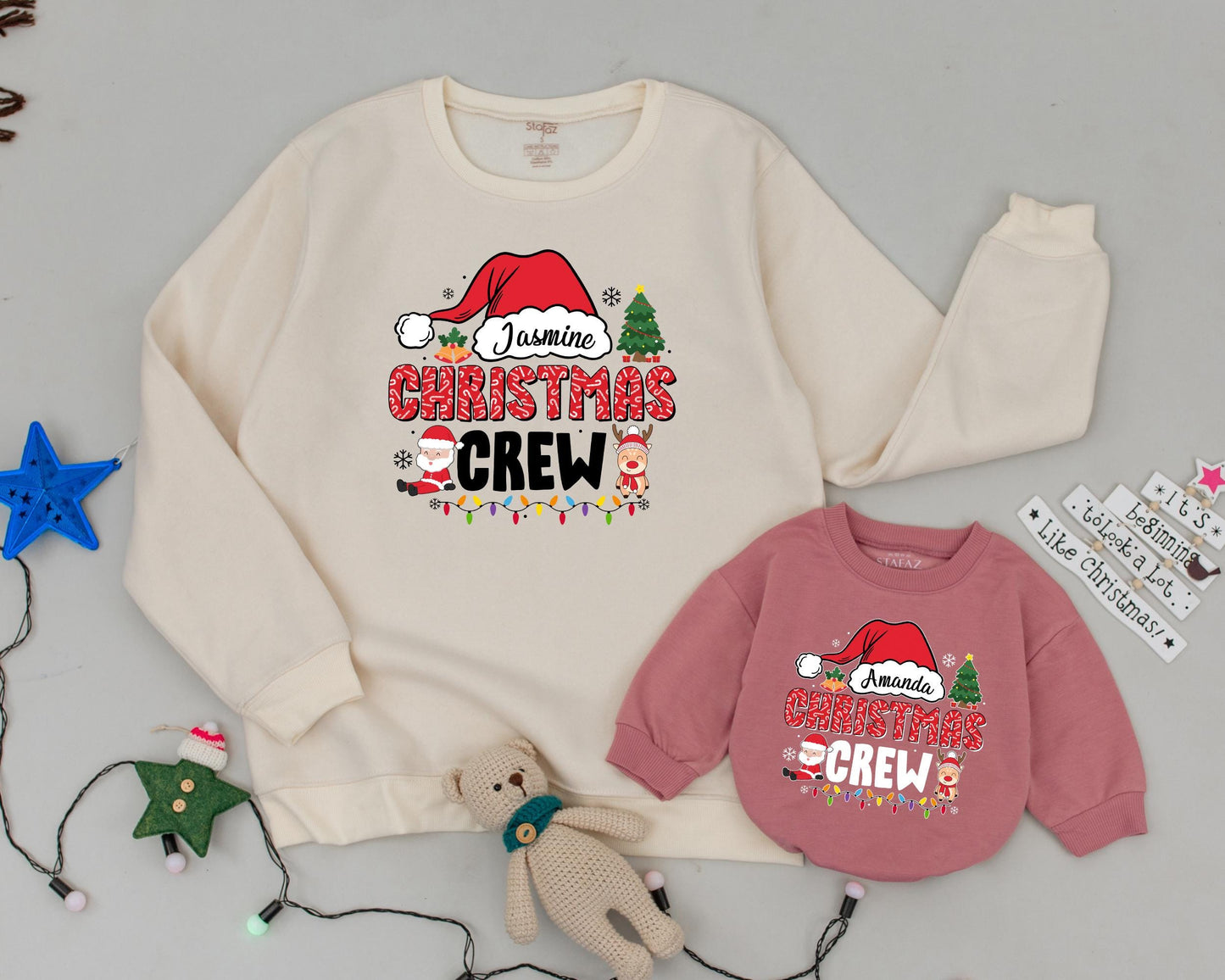 Personalized Matching Family Christmas Crew Sweatshirt with Name Santa Hat Retro Font Design Festive Holiday Tree Lights Mom Dad Kids Outfit