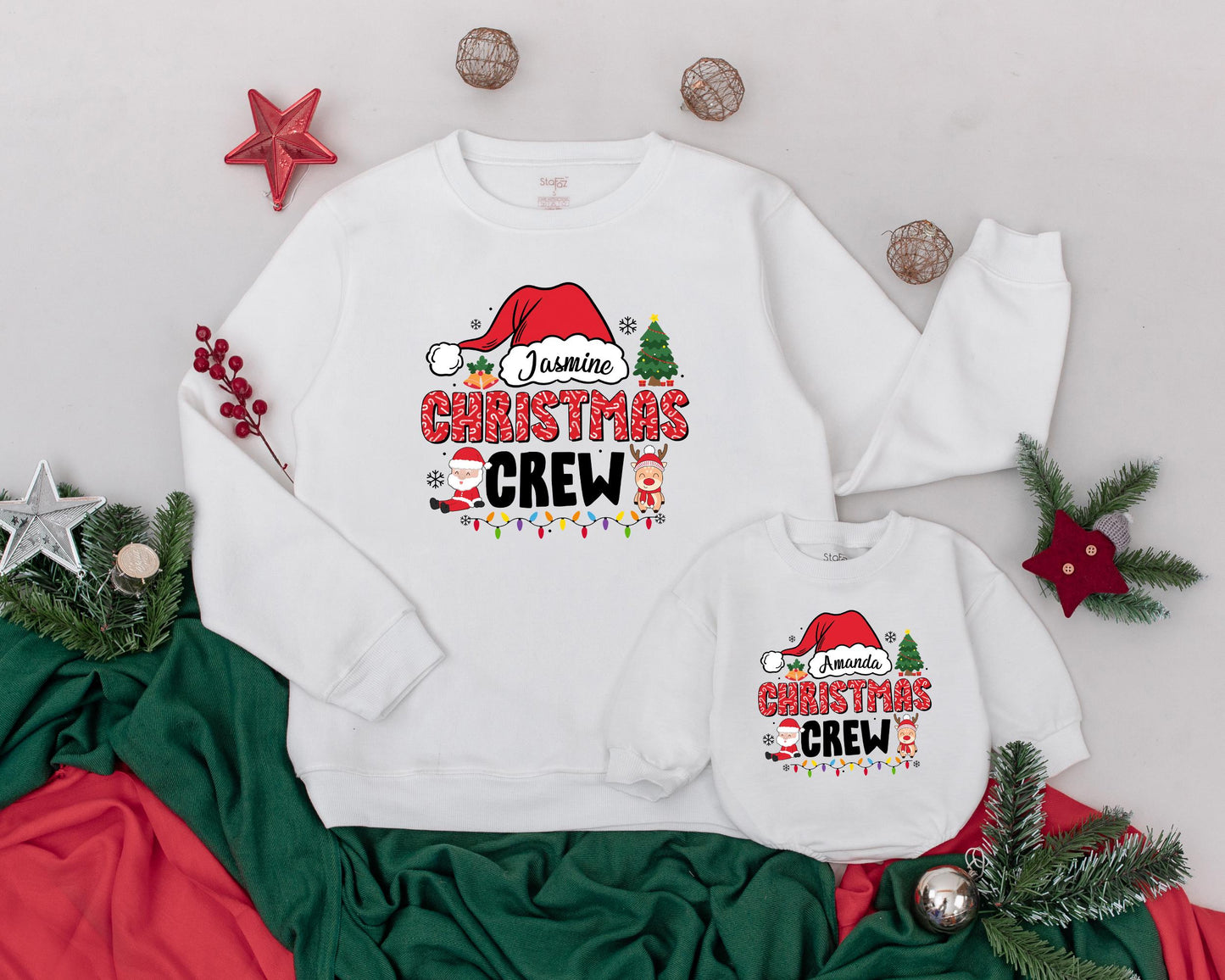 Personalized Matching Family Christmas Crew Sweatshirt with Name Santa Hat Retro Font Design Festive Holiday Tree Lights Mom Dad Kids Outfit