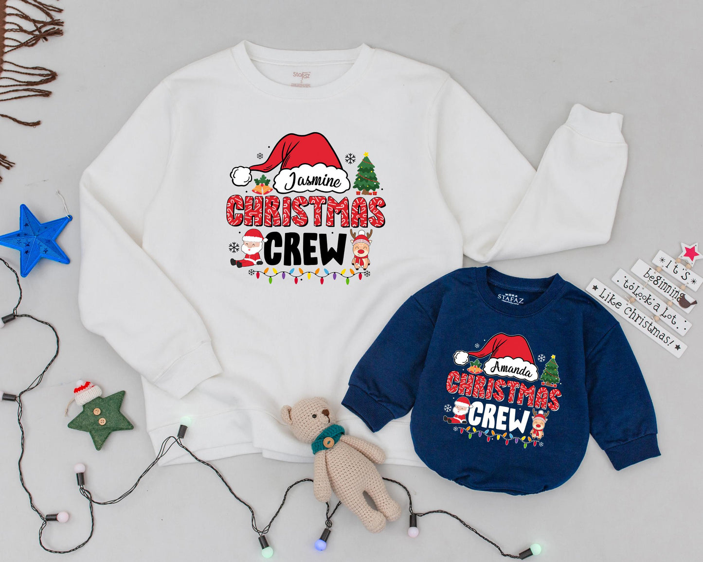 Personalized Matching Family Christmas Crew Sweatshirt with Name Santa Hat Retro Font Design Festive Holiday Tree Lights Mom Dad Kids Outfit