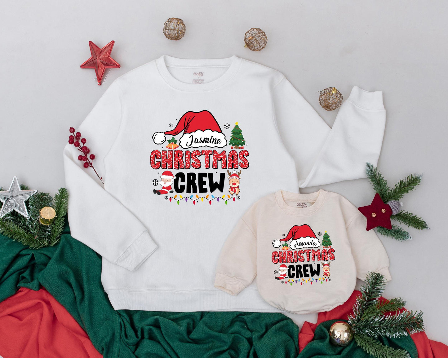 Personalized Matching Family Christmas Crew Sweatshirt with Name Santa Hat Retro Font Design Festive Holiday Tree Lights Mom Dad Kids Outfit