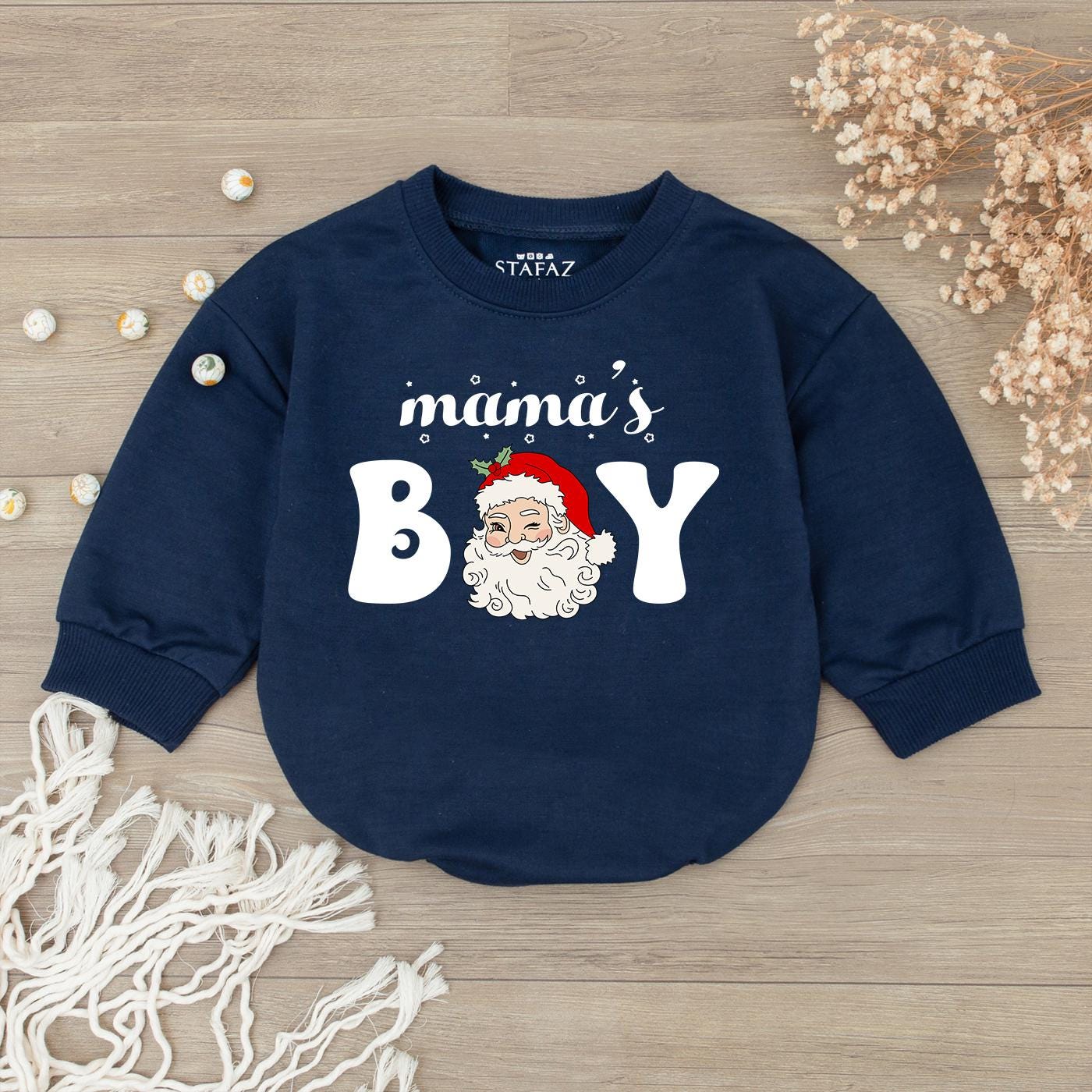 Cute Mama's Boy Christmas Baby Bubble Romper with Funny Santa Claus Design Perfect First Holiday Newborn Outfit Festive Red Hat White Beard Bodysuit