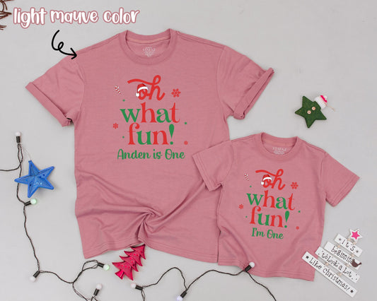 Personalized Oh What Fun 1st Birthday Christmas Mommy and Me Shirts Retro Family Holiday Outfit Red Green Snowflakes
