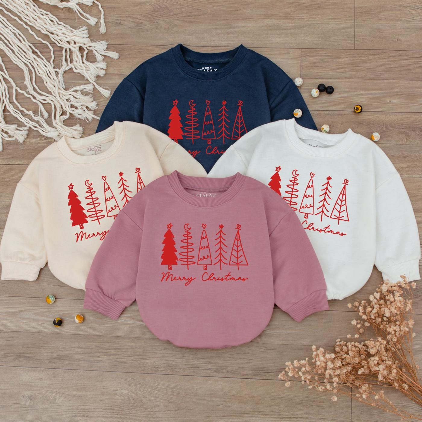 Merry Christmas Baby Bubble Romper Red Burgundy Trees Heart Moon Star Graphic Newborn Christmas Outfit Simple Festive Girl