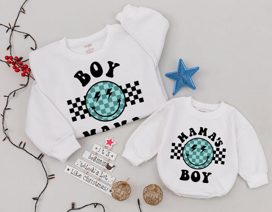 Retro Boy Mama Sweatshirt, Groovy Smiley Face Outfit for Baby or Toddler, Mama's Boy Tee, Newborn Gift for Cool Mom, Checkerboard Design, Trendy Style (139)