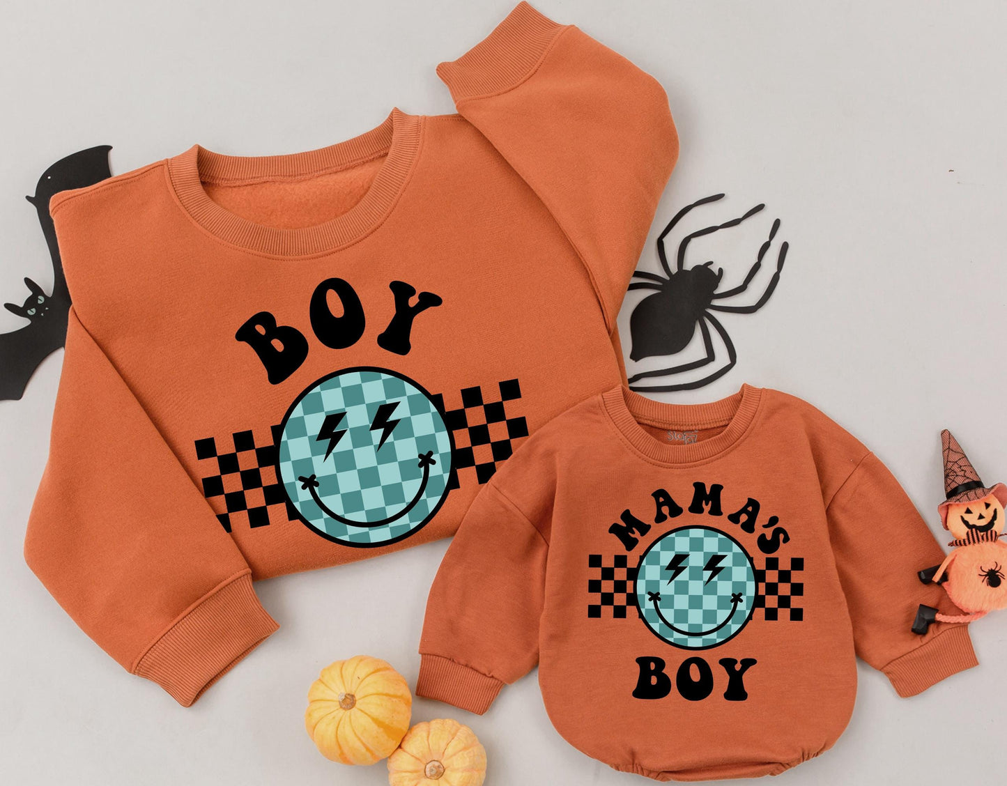 Retro Boy Mama Sweatshirt, Groovy Smiley Face Outfit for Baby or Toddler, Mama's Boy Tee, Newborn Gift for Cool Mom, Checkerboard Design, Trendy Style (139)
