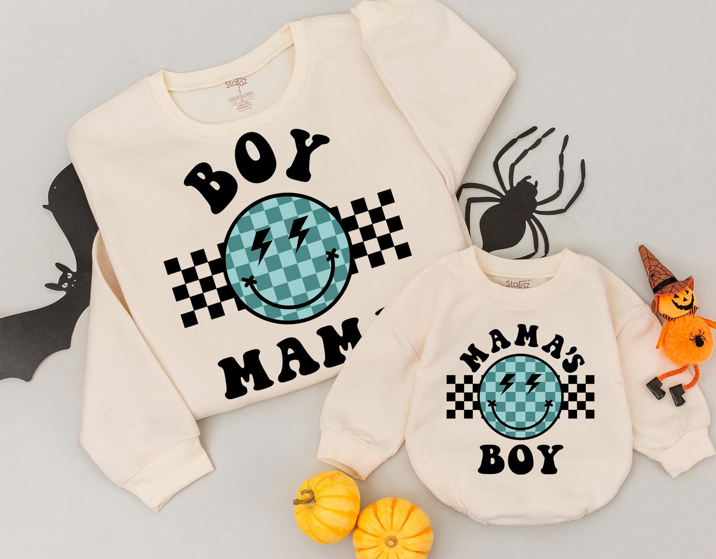 Retro Boy Mama Sweatshirt, Groovy Smiley Face Outfit for Baby or Toddler, Mama's Boy Tee, Newborn Gift for Cool Mom, Checkerboard Design, Trendy Style (139)
