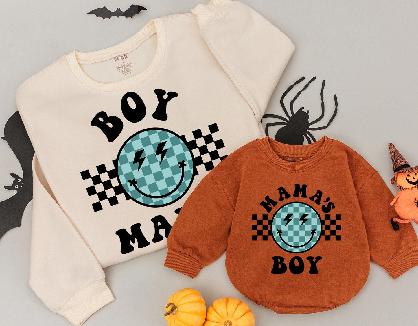 Retro Boy Mama Sweatshirt, Groovy Smiley Face Outfit for Baby or Toddler, Mama's Boy Tee, Newborn Gift for Cool Mom, Checkerboard Design, Trendy Style (139)