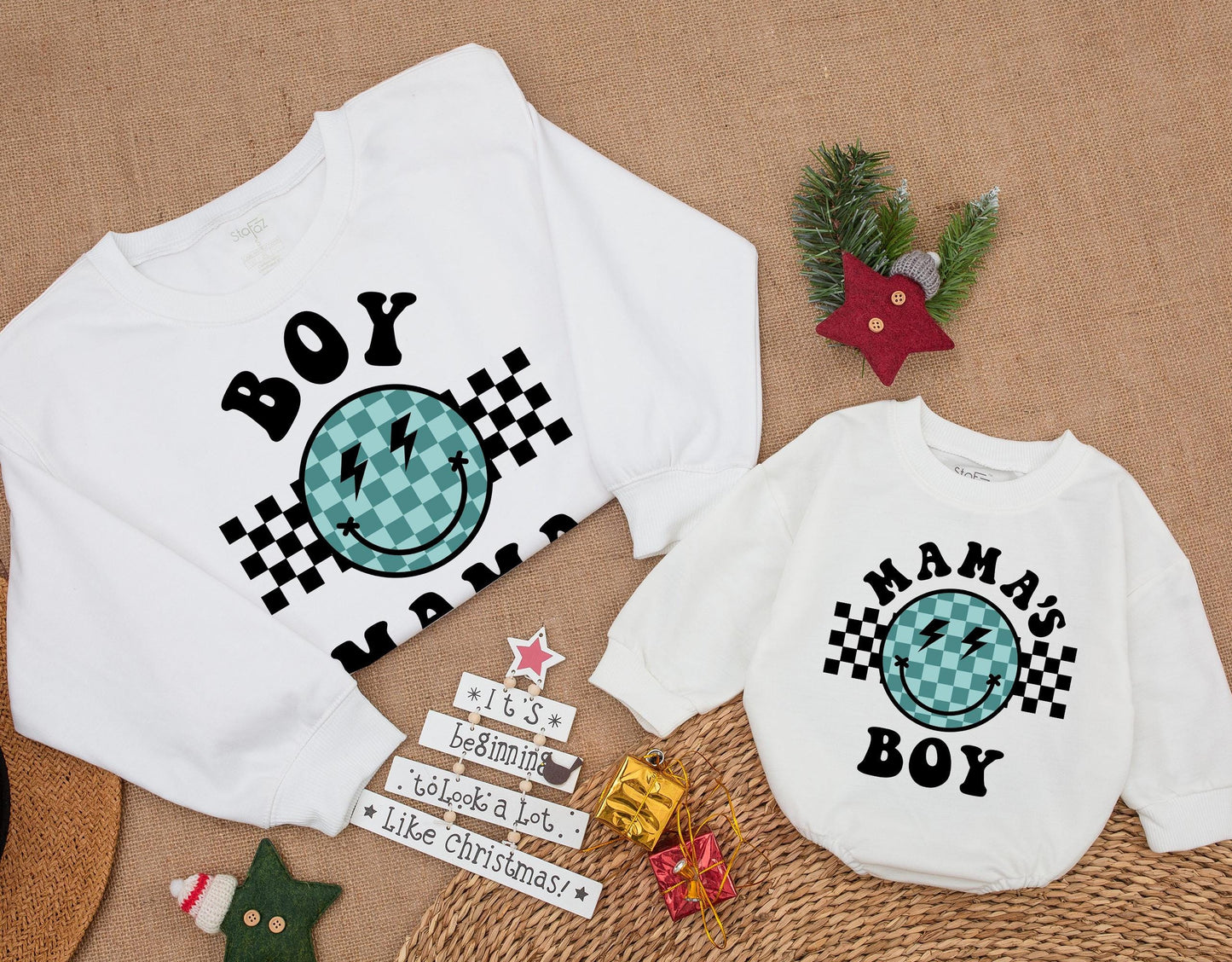 Retro Boy Mama Sweatshirt, Groovy Smiley Face Outfit for Baby or Toddler, Mama's Boy Tee, Newborn Gift for Cool Mom, Checkerboard Design, Trendy Style (139)