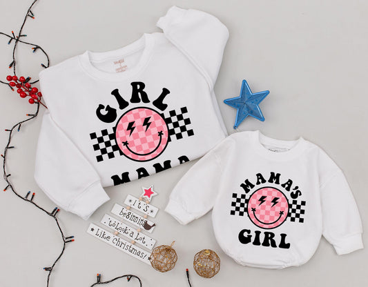Retro Girl Mama & Mama's Girl Smiley Face Sweatshirt Groovy Black Pink Checkerboard Mama Mini Outfit Gift
