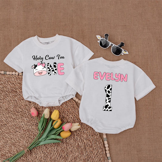 Holy Cow I'm One Romper for Baby Girl Cute Cow Birthday Outfit Custom Name 1st Birthday Gift