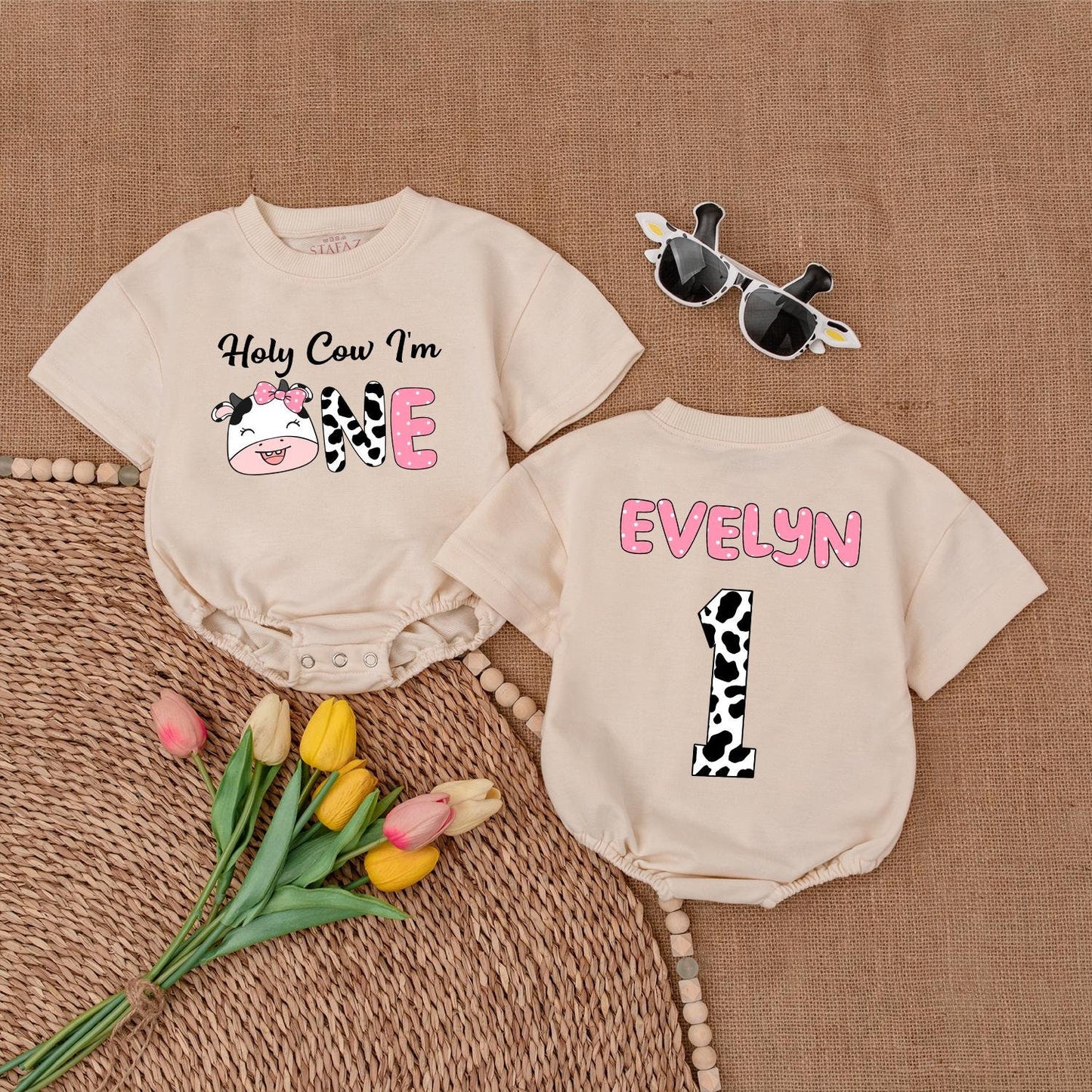 Holy Cow I'm One Romper for Baby Girl Cute Cow Birthday Outfit Custom Name 1st Birthday Gift