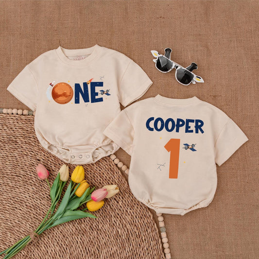 Custom One Space Baby Bubble Romper First Birthday Boy Outer Space Theme Astronaut Rocketship Planet Design Dark Blue Orange Stars