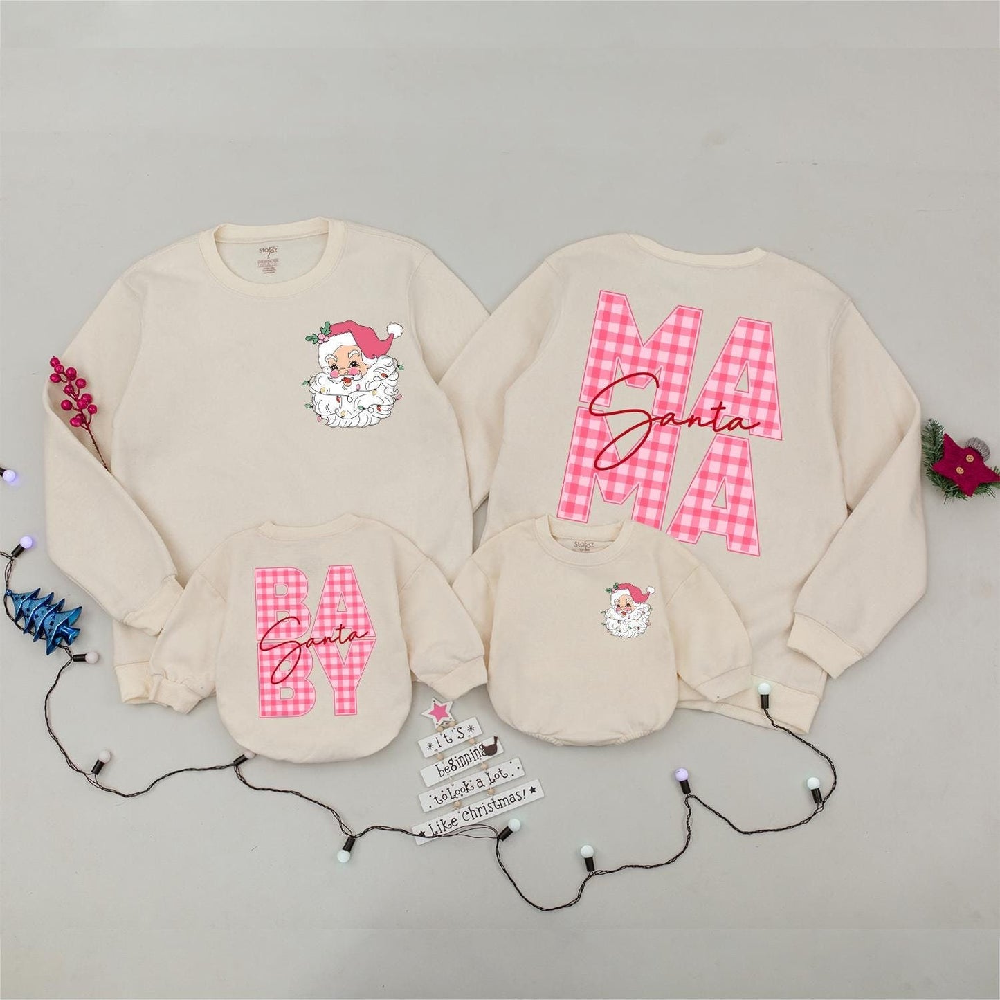 Pink Gingham Santa Mama and Baby Matching Christmas Sweatshirt Set Vintage Festive Santa Claus Holiday Gift for Mom and Baby Girl