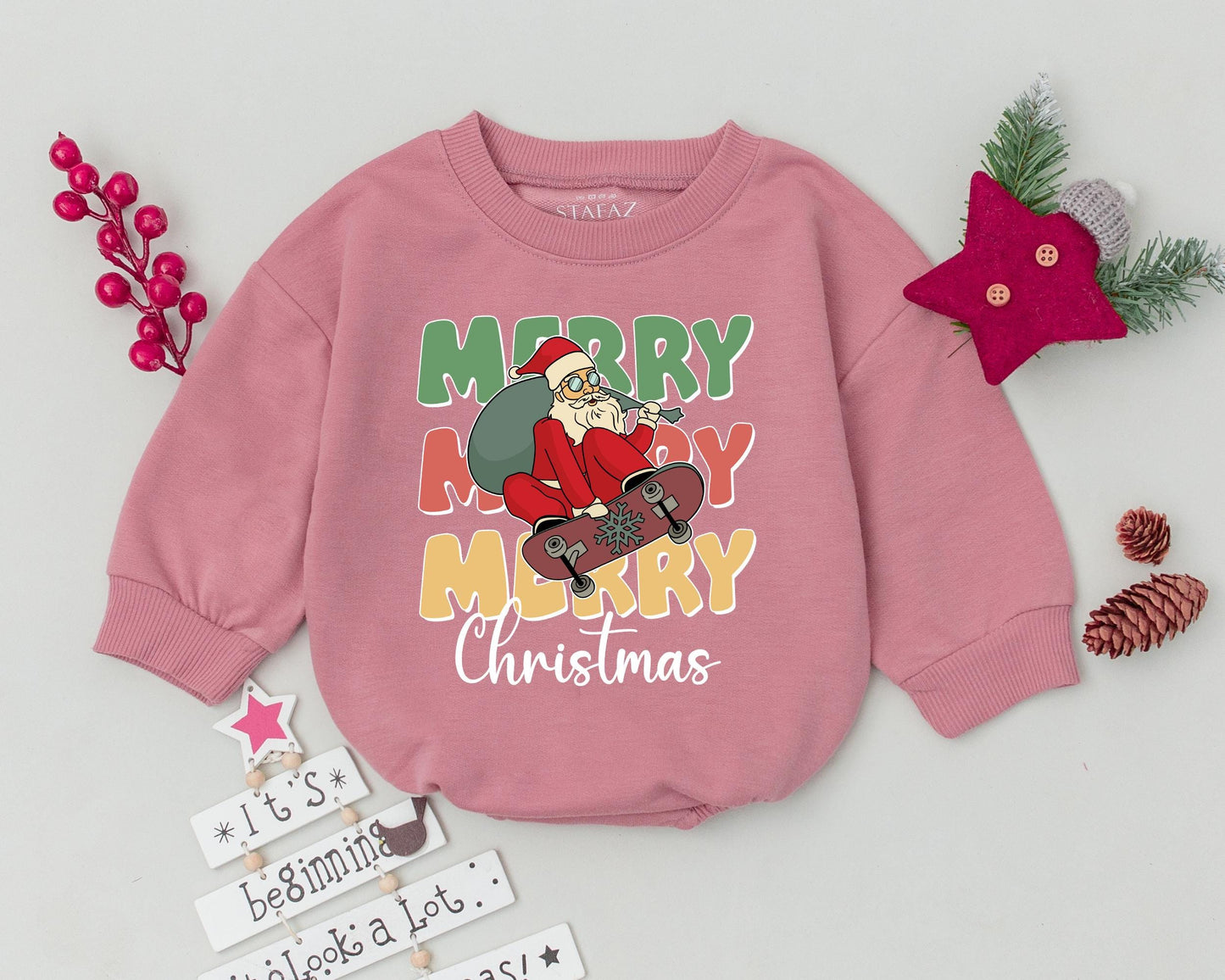 Western Christmas Bubble Romper Festive Merry Santa Skateboard Baby Outfit Newborn Holiday Bodysuit Infant Gift Playful Color Design