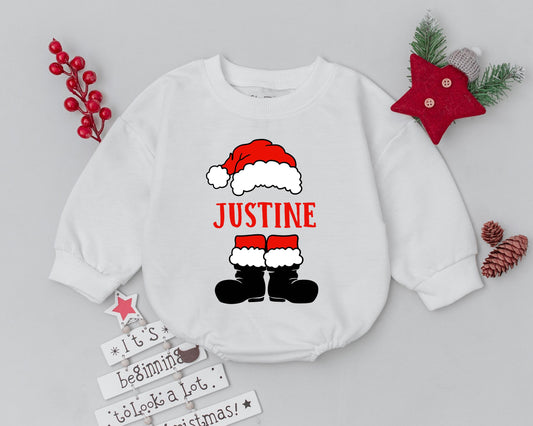 Personalized Cartoon Santa Suit Christmas Baby Romper First Christmas Bodysuit Custom Name Festive Holiday Infant Toddler Outfit Red White Black