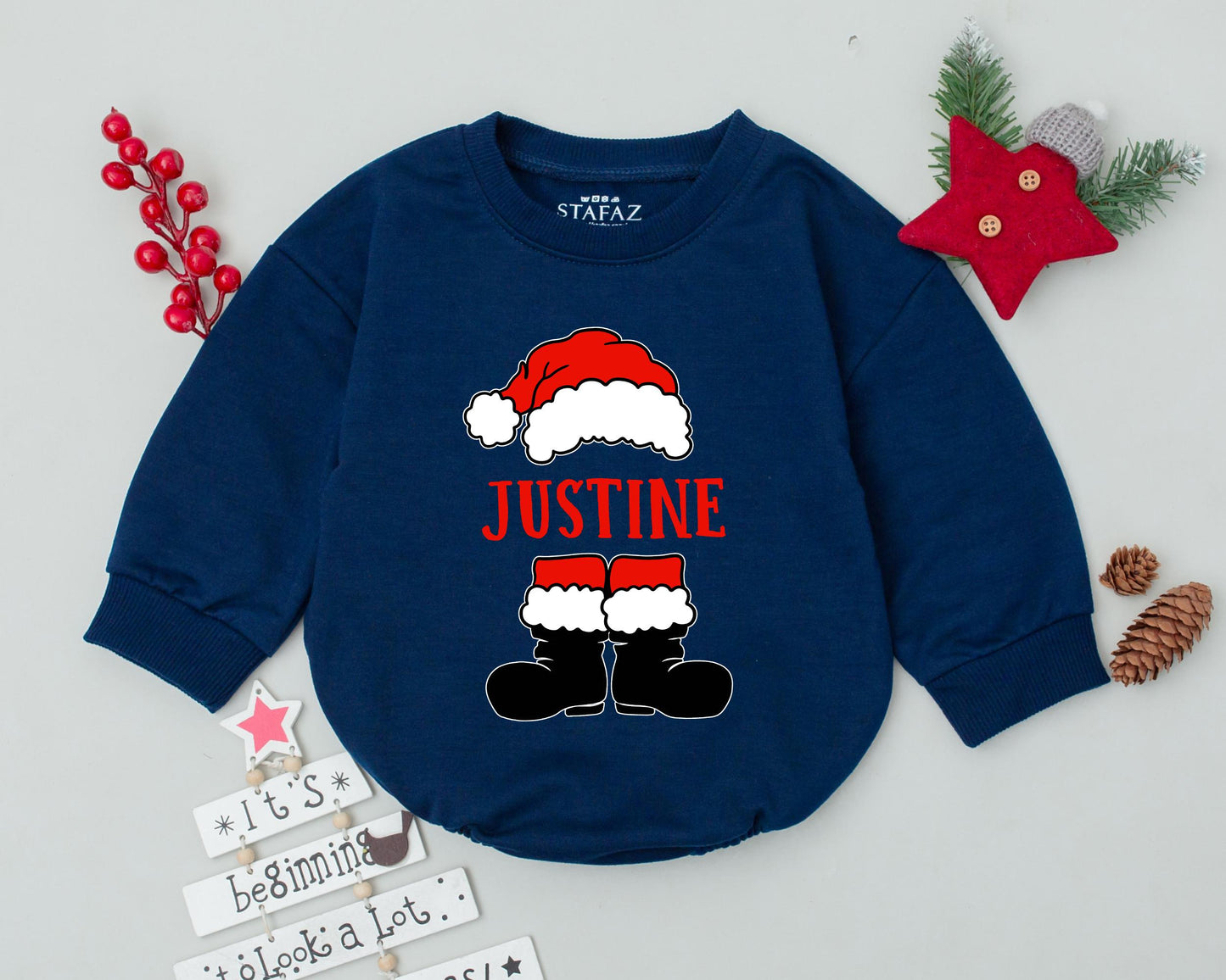 Personalized Cartoon Santa Suit Christmas Baby Romper First Christmas Bodysuit Custom Name Festive Holiday Infant Toddler Outfit Red White Black