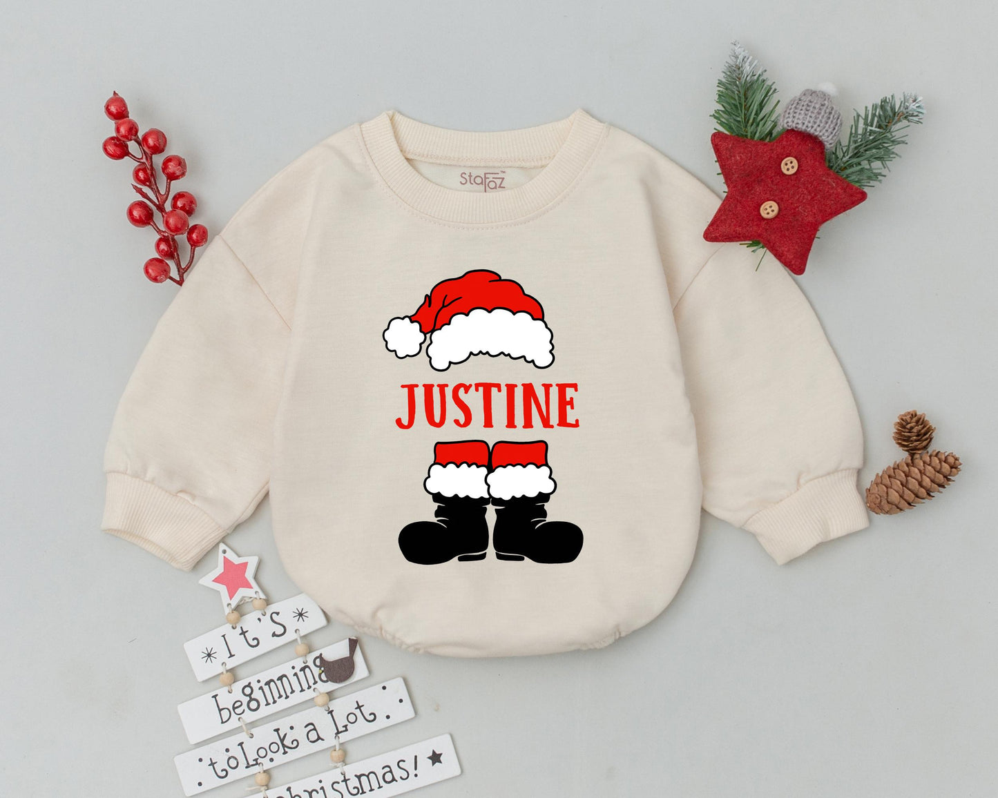 Personalized Cartoon Santa Suit Christmas Baby Romper First Christmas Bodysuit Custom Name Festive Holiday Infant Toddler Outfit Red White Black