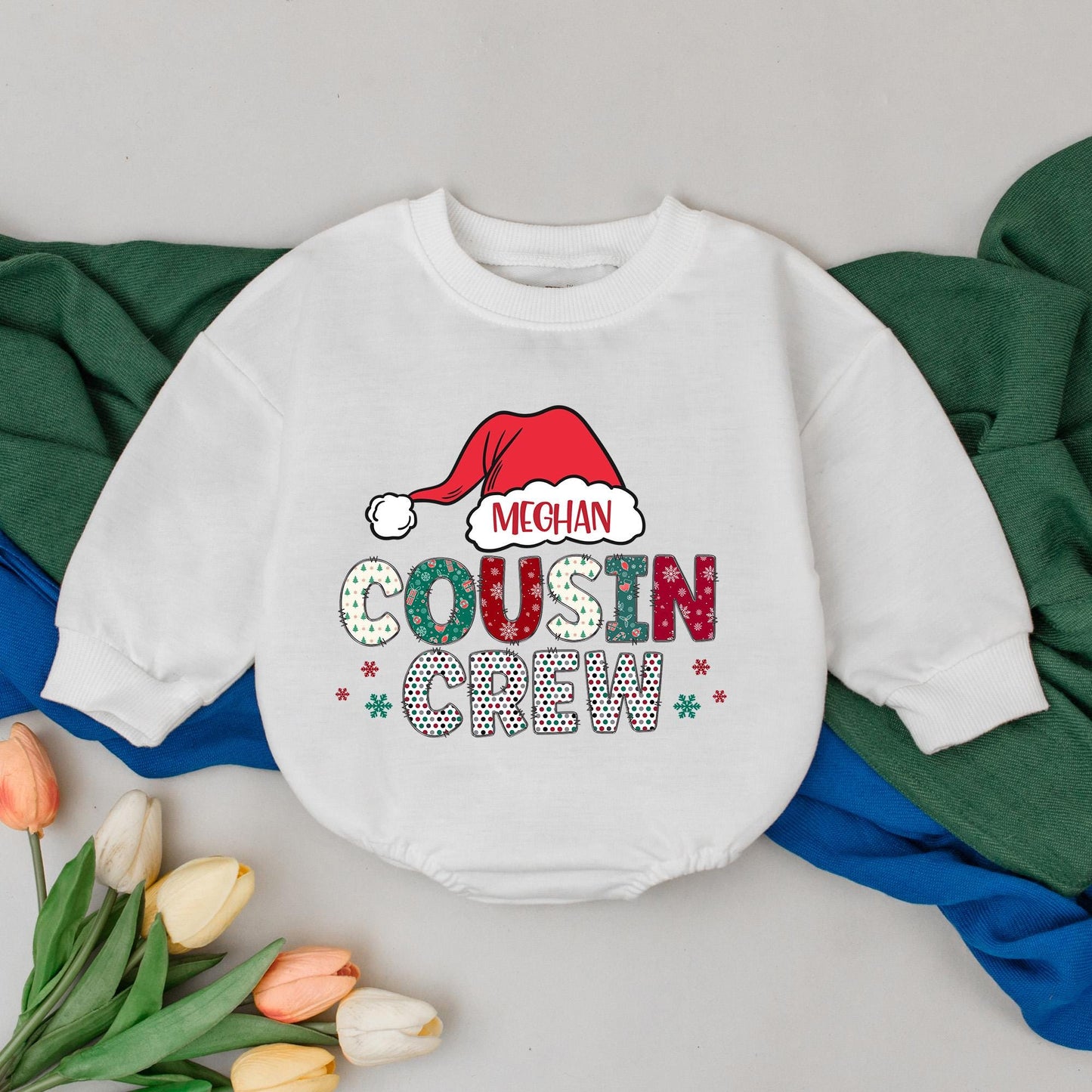 Personalized Cousin Crew Christmas Romper with Festive Santa Hat Design New Baby Shower Gift First Christmas Bubble Outfit for Girls Boys